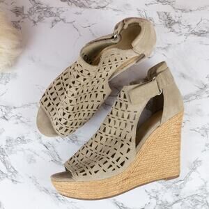 Marc Fisher Taupe Helina Suede Leather Espadrille Wedge Cut-Out Sandal Size 10